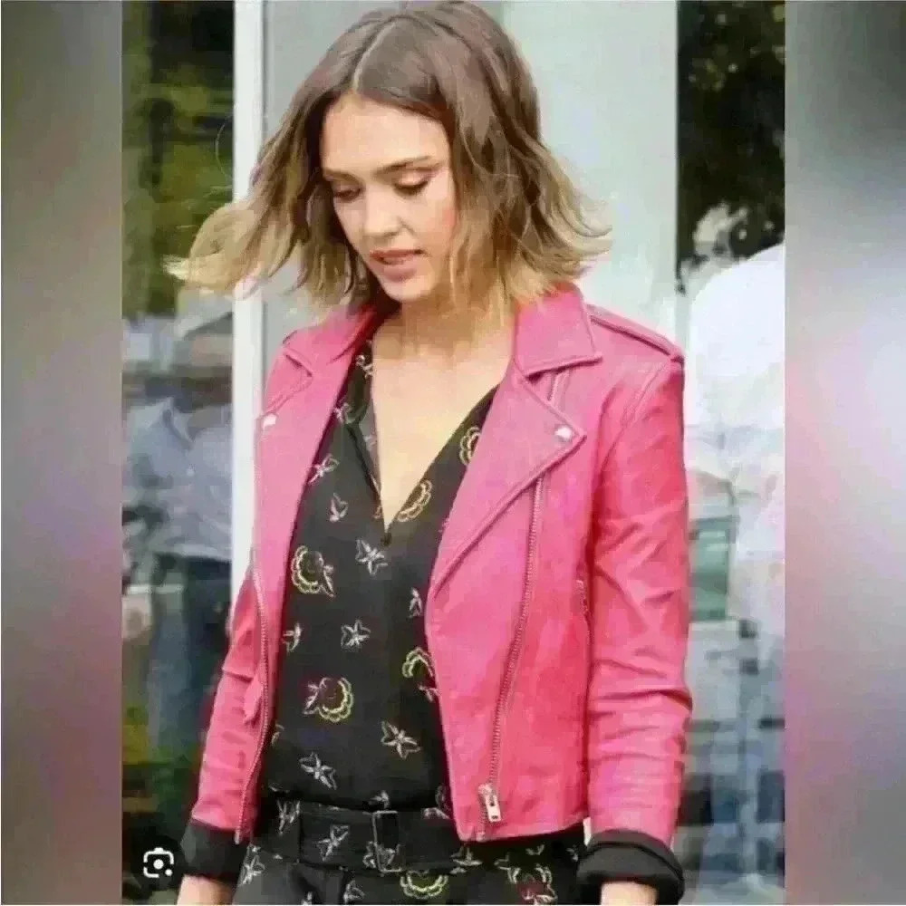 IRO pink leather moto jacket